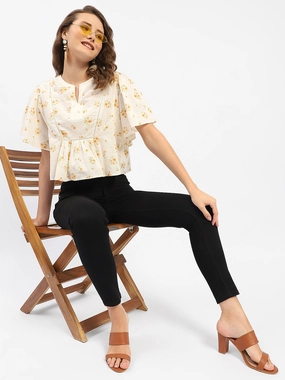 Madame Mandarin Collar Ruffle Detailing Printed Cotton Peplum Top Stretch Fit Top