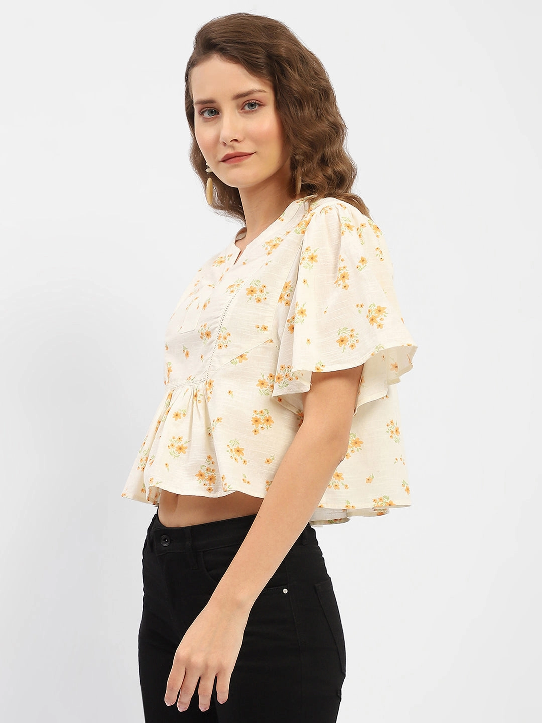 Layered Panel Construction Durable Hem Stitching Madame Mandarin Collar Ruffle Detailing Printed Cotton Peplum Top