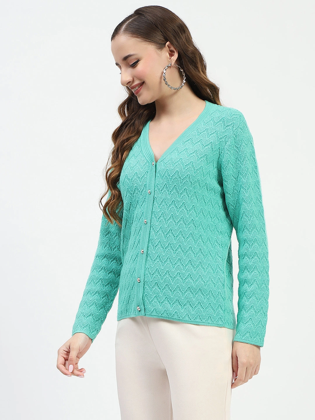 Madame Ribbed Knit Sea Green Button-Up Cardigan Durable Color Retention