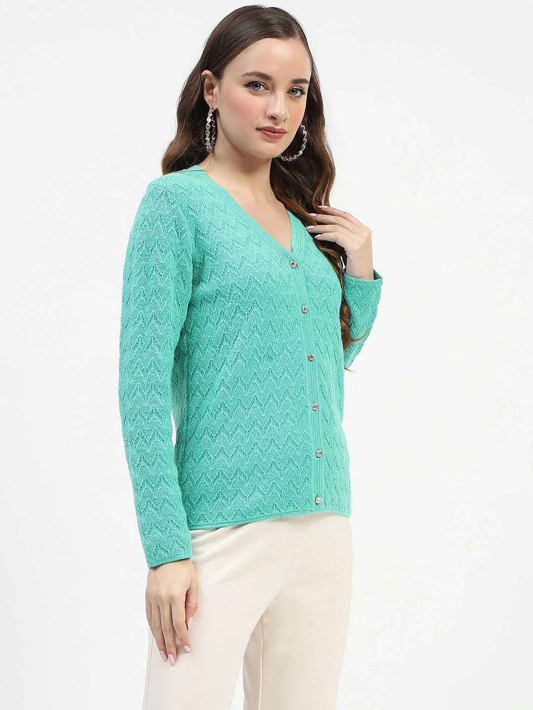 Madame Ribbed Knit Sea Green Button-Up Cardigan NonFade Dye