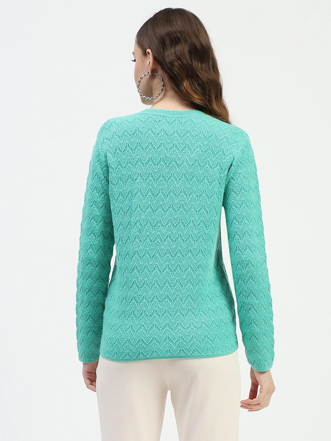 Madame Ribbed Knit Sea Green Button-Up Cardigan Structured Shoulder Bohemian style