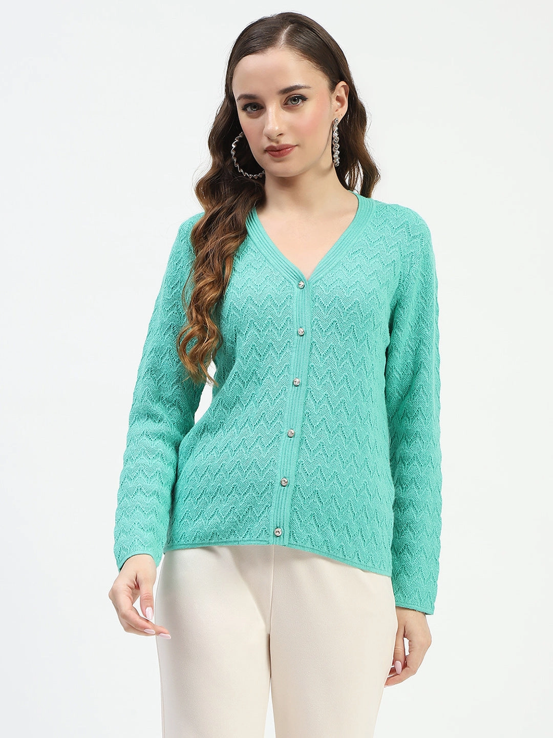 Madame Ribbed Knit Sea Green Button-Up Cardigan SoftInteriorLining