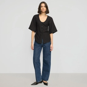Katniss Pocket Tulip-Hem Blouse Minimalist Collar
