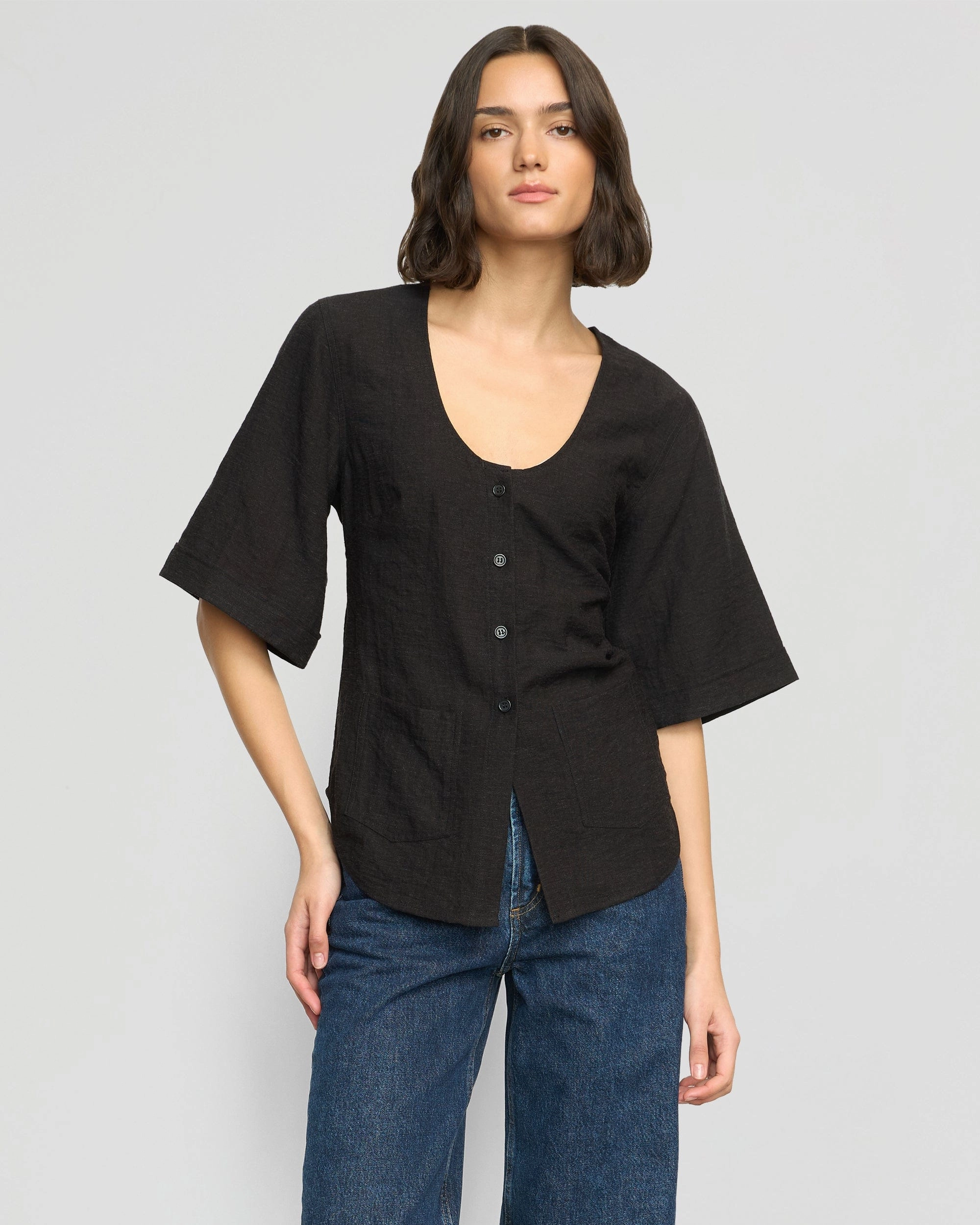 Katniss Pocket Tulip-Hem Blouse Tencel Cotton Hybrid Weave AdjustableHemCuffs