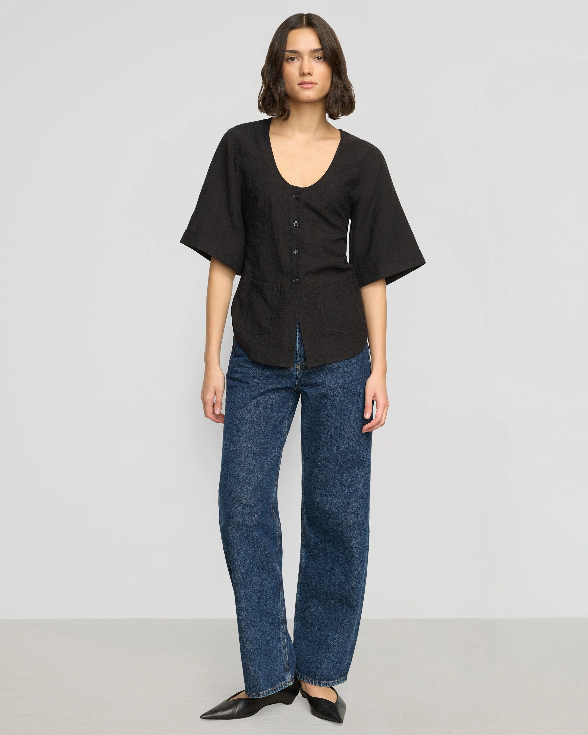 Reinforced Shoulder MultiPocket Katniss Pocket Tulip-Hem Blouse