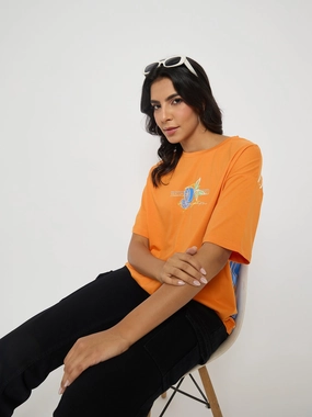 Madame Front and Back Graphic Print Orange Cotton T-Shirt Snag Resistant Surface Comfortable Design