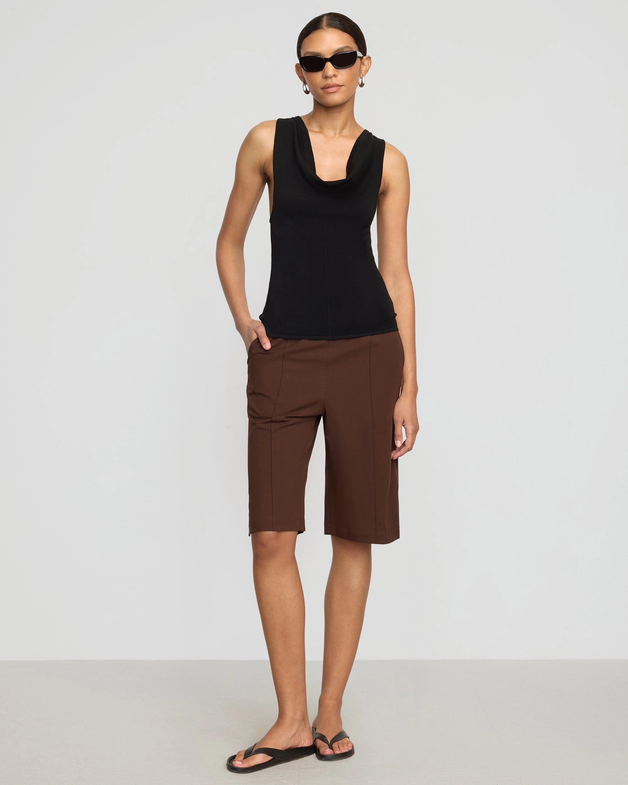 Hidden Pocket Contoured Side Panels Valerie Cowl-Neck Racerback Knit Top