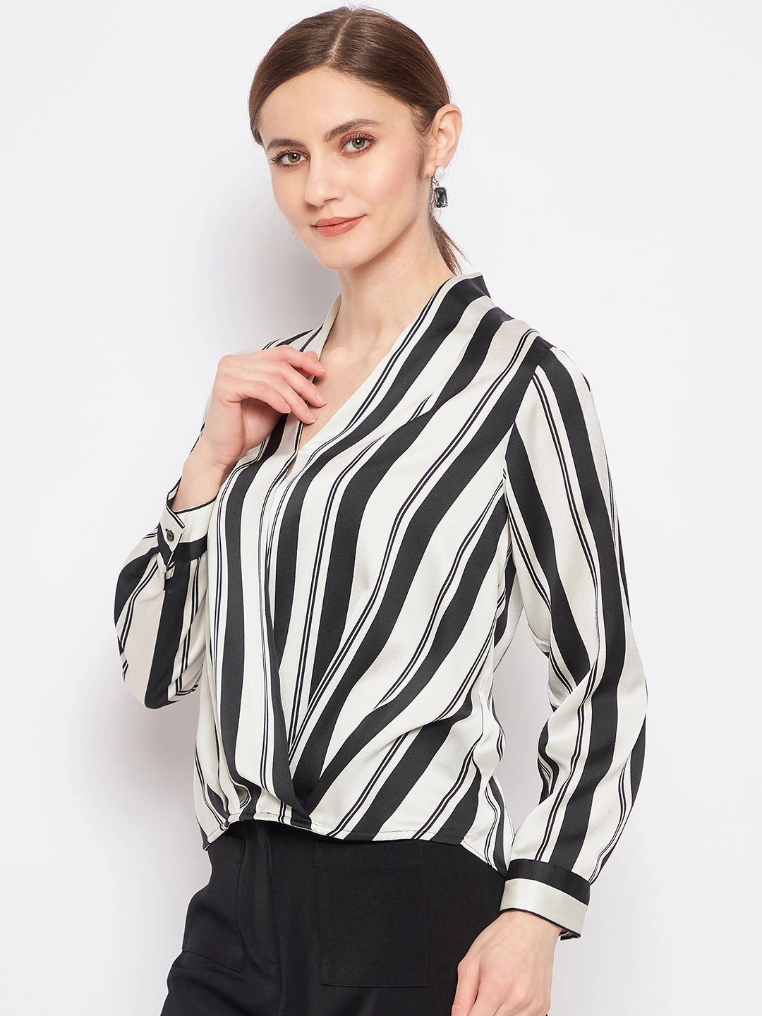 Rolled Hem Finish Madame Striped Black Shirt
