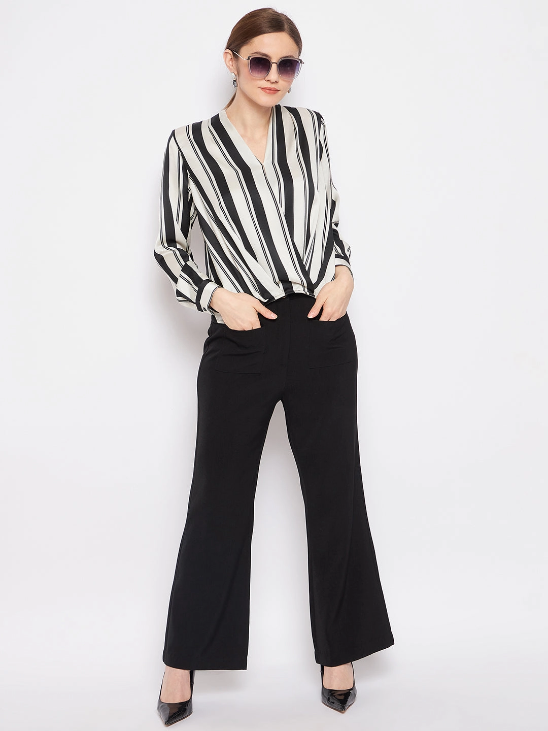 Reflective Detailing Circular Knit Madame Striped Black Shirt