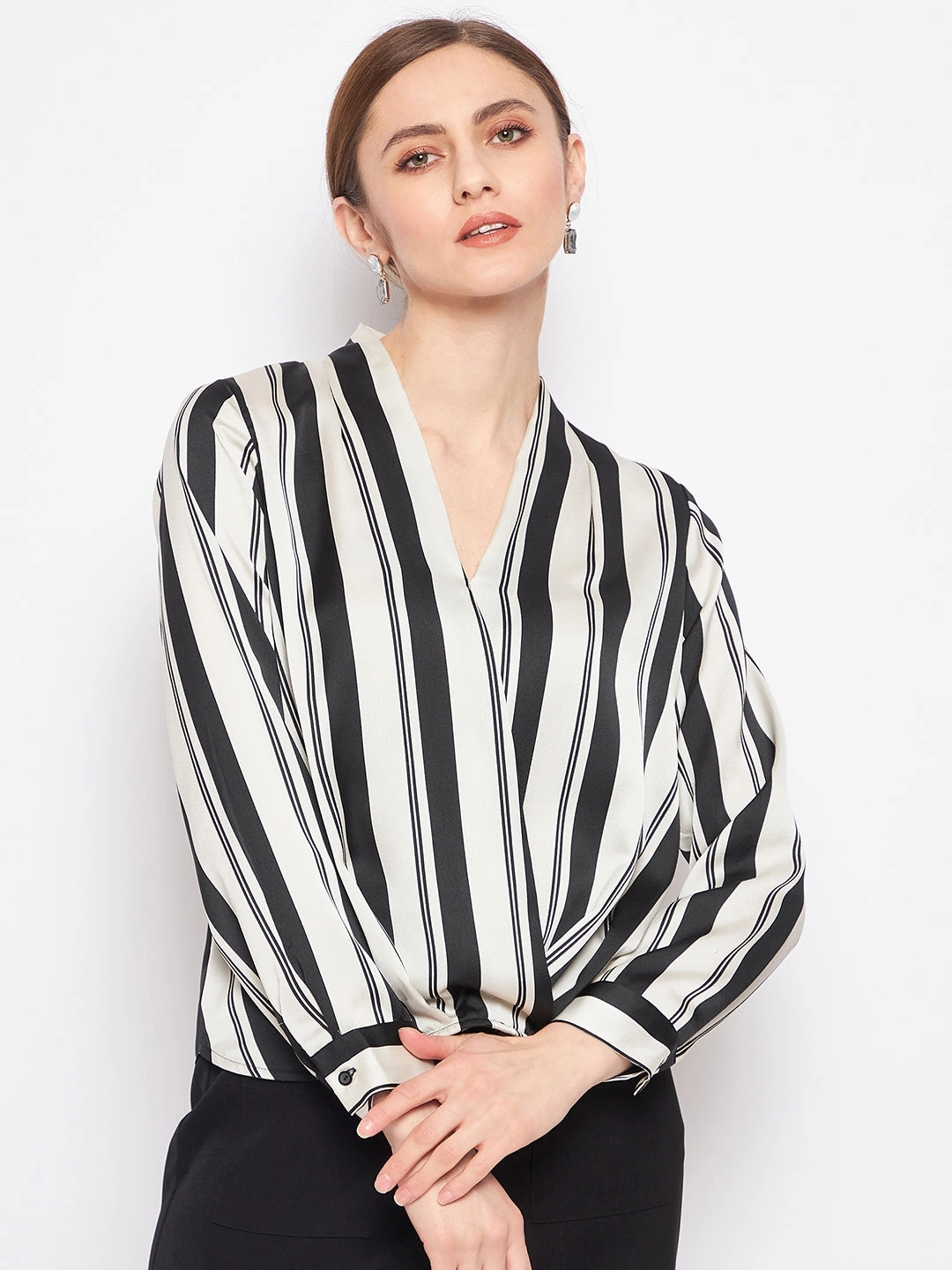 Madame Striped Black Shirt Cozy Blouse BondedShoulderTaping