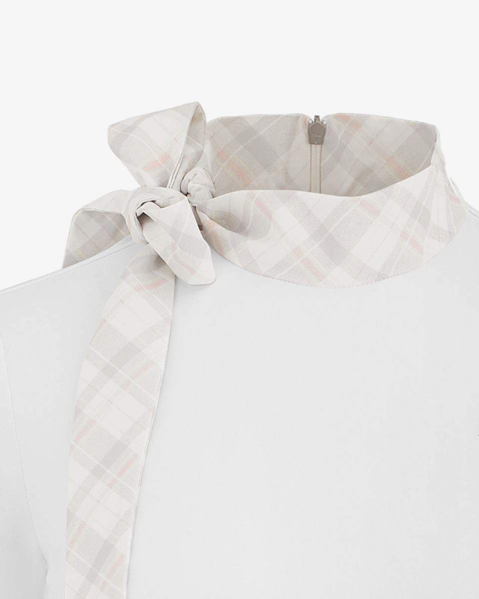Water Repellent Coating Check Ribbon Scarf Long Sleeve Shirt - White