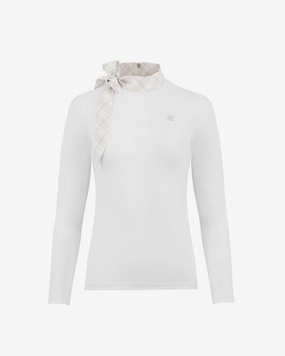 Moisture Wicking Material Buttery Soft Handfeel Check Ribbon Scarf Long Sleeve Shirt - White