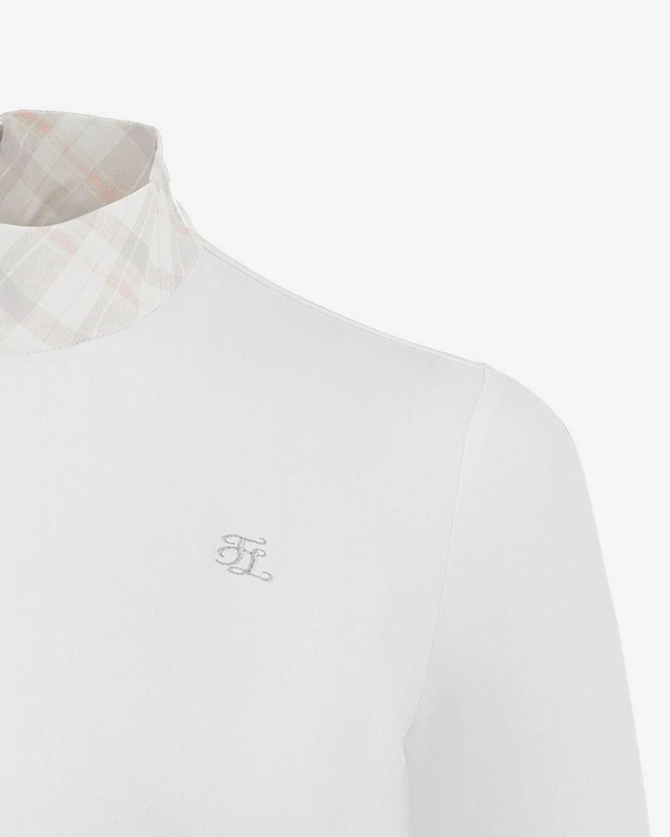 Curved Hem Design Check Ribbon Scarf Long Sleeve Shirt - White