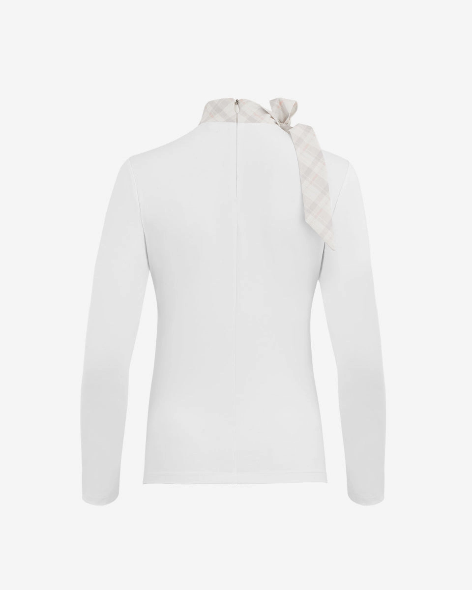 Check Ribbon Scarf Long Sleeve Shirt - White TwillWeave Temperature Regulating Textile