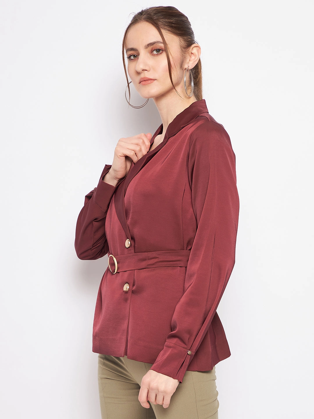 Madame Buckle Belted Solid Wine Red Wrap Blazer Neutral Tones Look Dual Layer Insulation