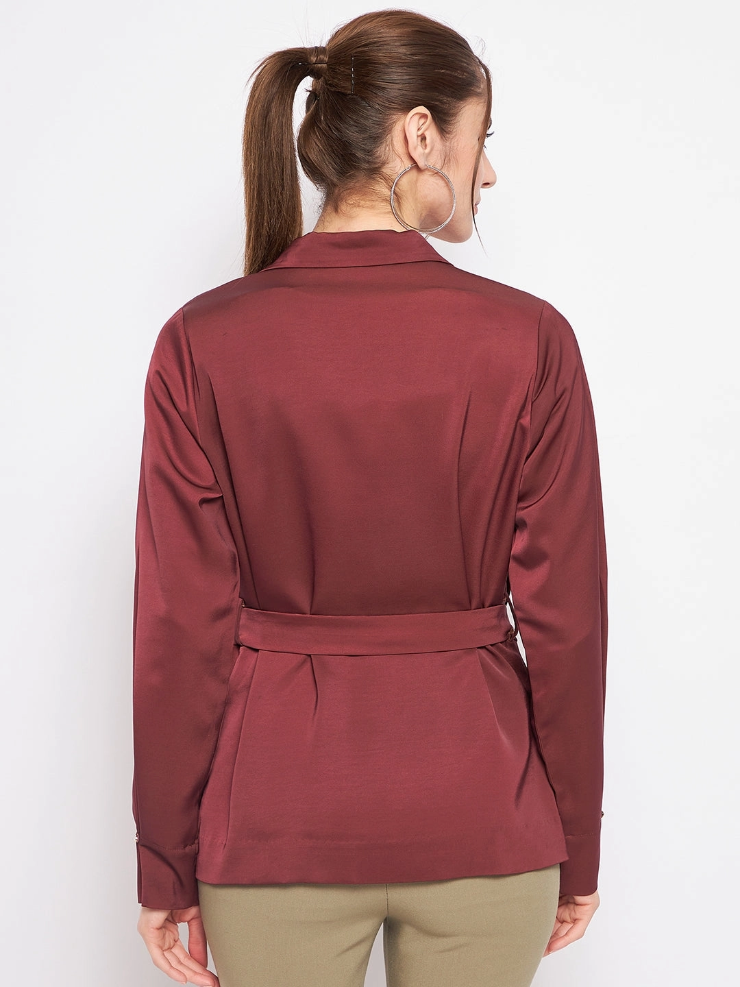 Madame Buckle Belted Solid Wine Red Wrap Blazer Street Ready Simple Comfort