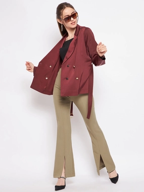 Non Restrictive Tailoring Cool Climate Madame Buckle Belted Solid Wine Red Wrap Blazer