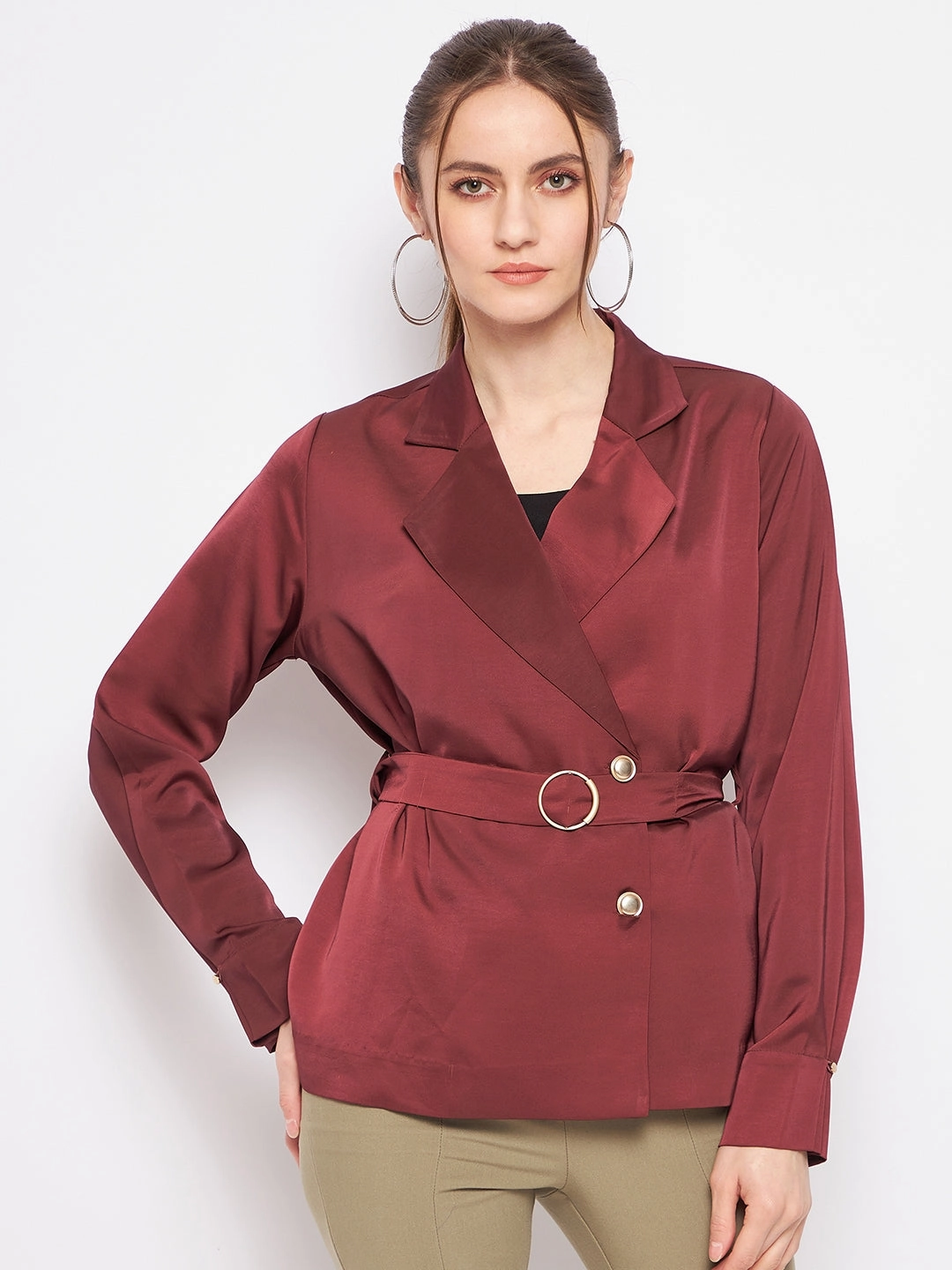 Double Layered Madame Buckle Belted Solid Wine Red Wrap Blazer