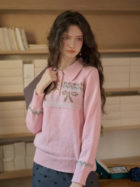 Ribbed Hemline Multi Look ??Final Sale??Paloma Polo Collar Printed Colour-Crossing Bowknot Pullover Sweater