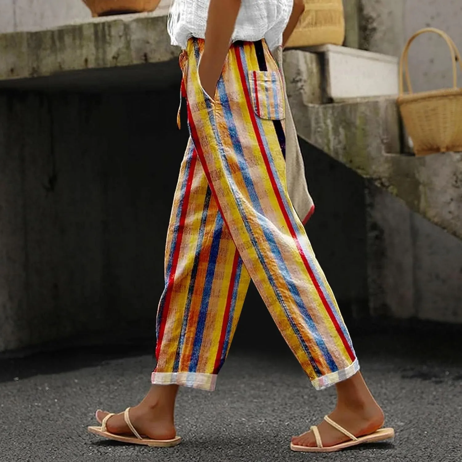 Striped Linen Capris Women Casual Drawstring Pants Linen Pants Women Capri Linen Pants Women Capri Linen