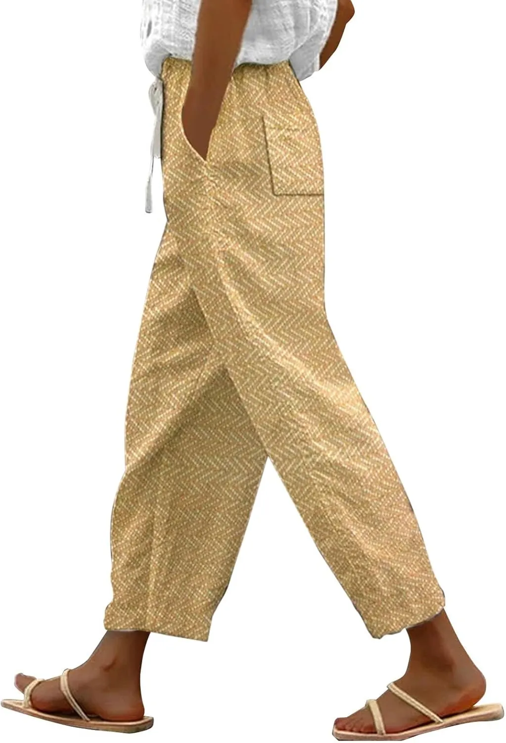 Striped Linen Capris Women Casual Drawstring Pants Linen Pants Women Capri Linen Pants Women Capri Linen