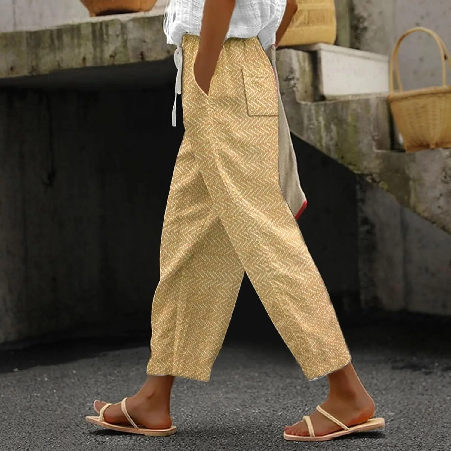 Striped Linen Capris Women Casual Drawstring Pants Linen Pants Women Capri Linen Pants Women Capri Linen