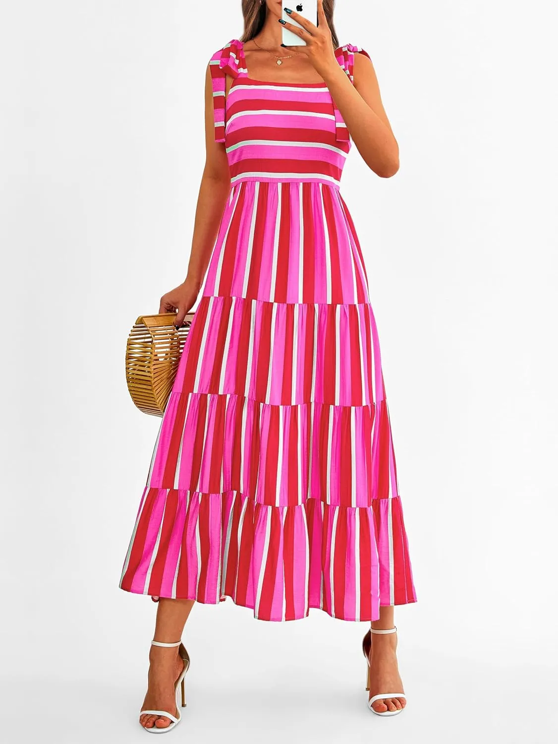 Striped Maxi Dress for Women Sexy Sleeveless Tie Shoulder Boho Flowy Smocked Dresses Empire Waist Tiered Long Dresses