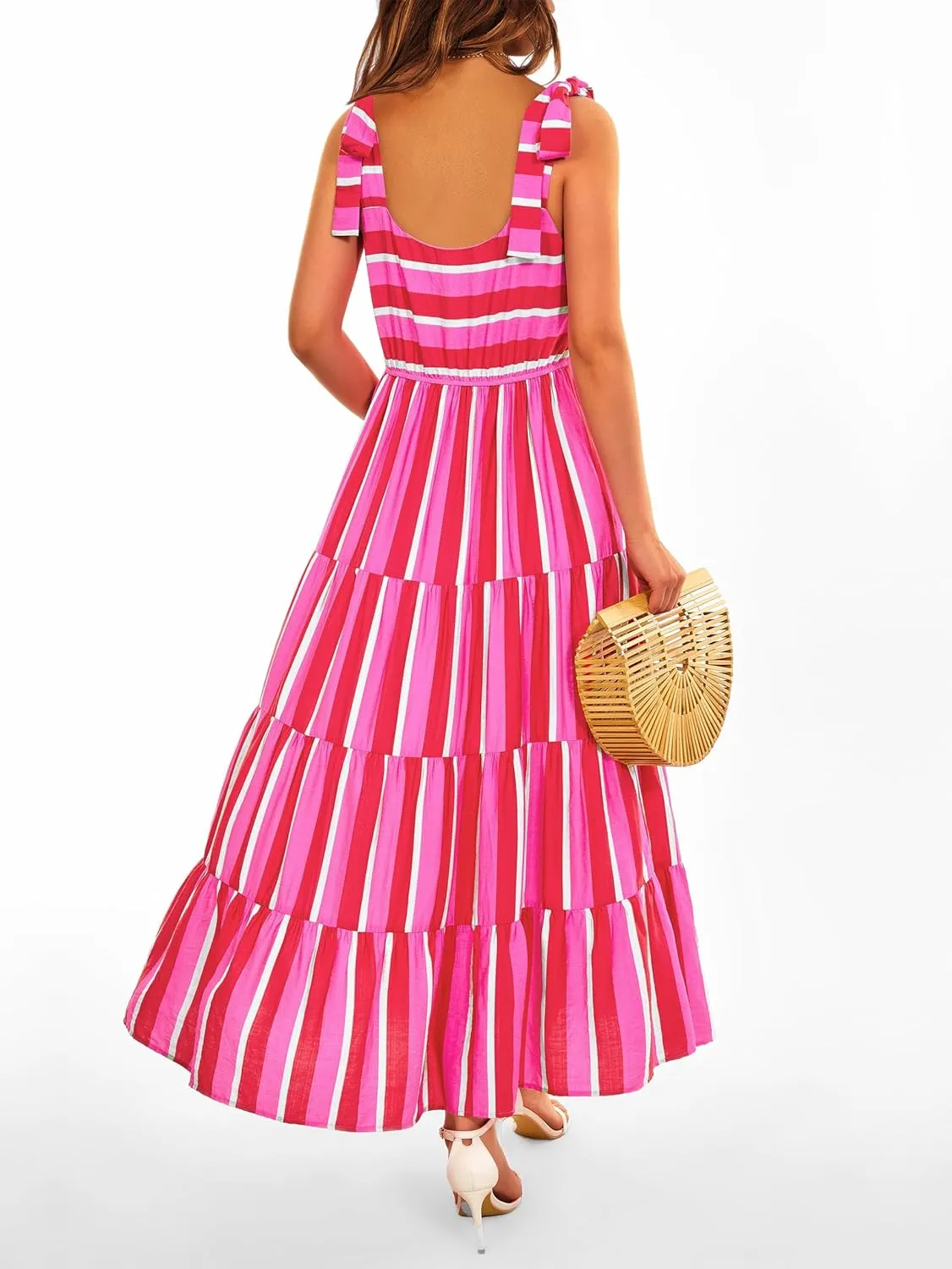 Striped Maxi Dress for Women Sexy Sleeveless Tie Shoulder Boho Flowy Smocked Dresses Empire Waist Tiered Long Dresses
