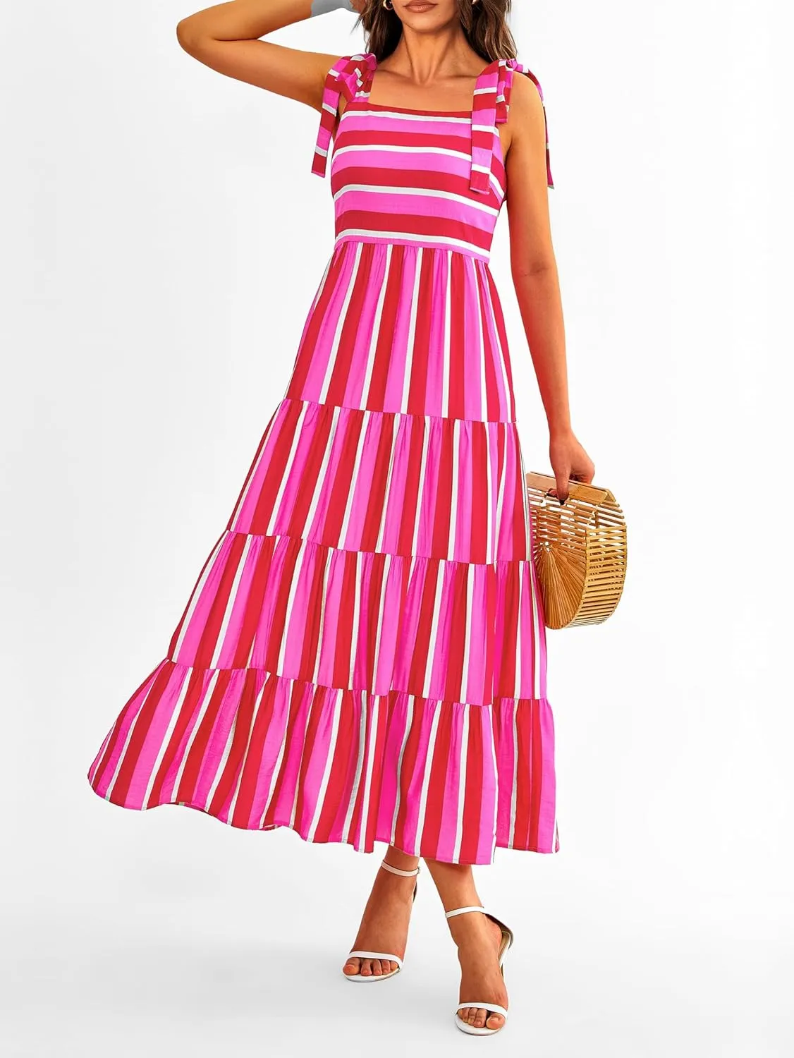 Striped Maxi Dress for Women Sexy Sleeveless Tie Shoulder Boho Flowy Smocked Dresses Empire Waist Tiered Long Dresses