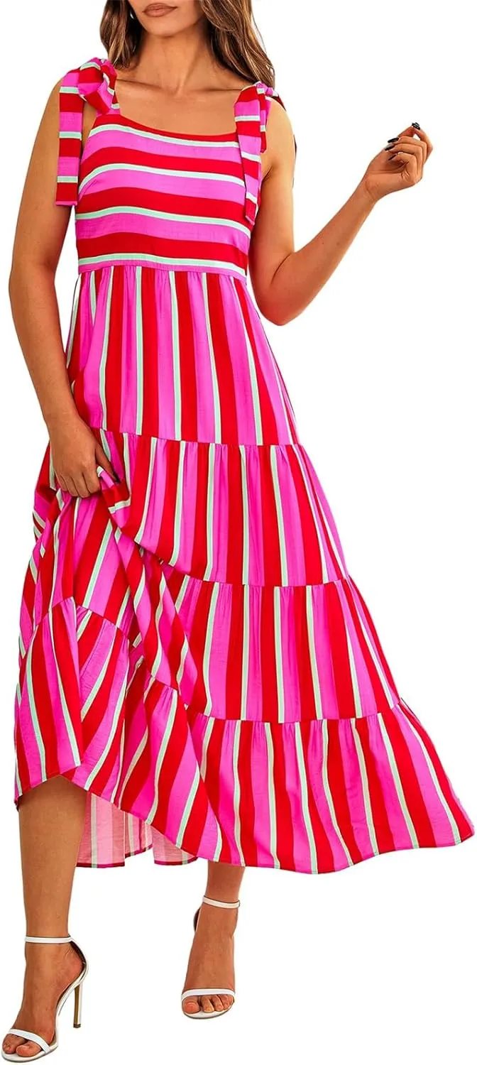Striped Maxi Dress for Women Sexy Sleeveless Tie Shoulder Boho Flowy Smocked Dresses Empire Waist Tiered Long Dresses