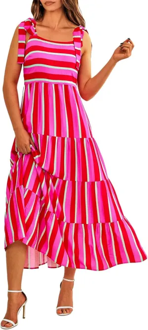 Striped Maxi Dress for Women Sexy Sleeveless Tie Shoulder Boho Flowy Smocked Dresses Empire Waist Tiered Long Dresses