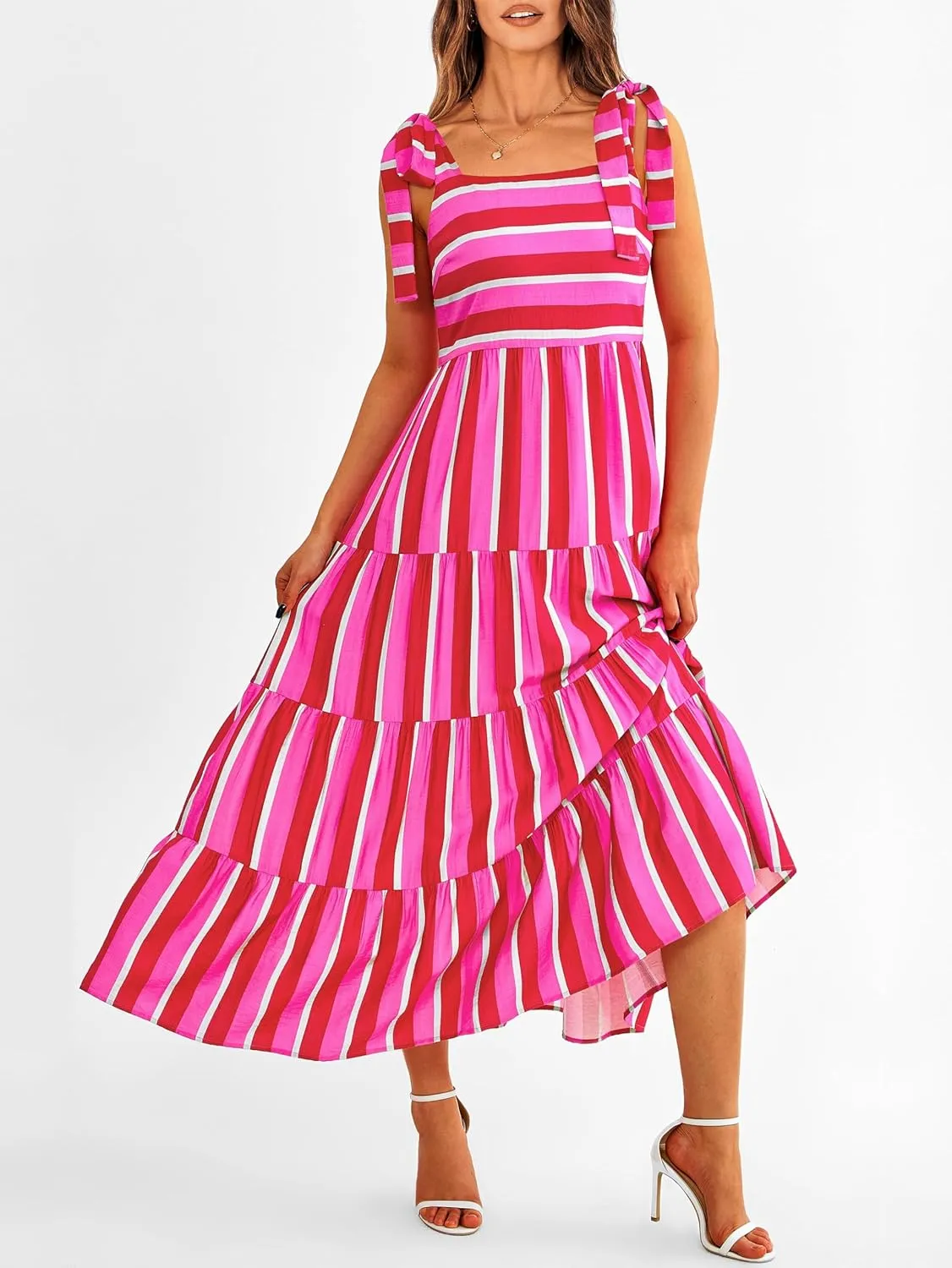 Striped Maxi Dress for Women Sexy Sleeveless Tie Shoulder Boho Flowy Smocked Dresses Empire Waist Tiered Long Dresses