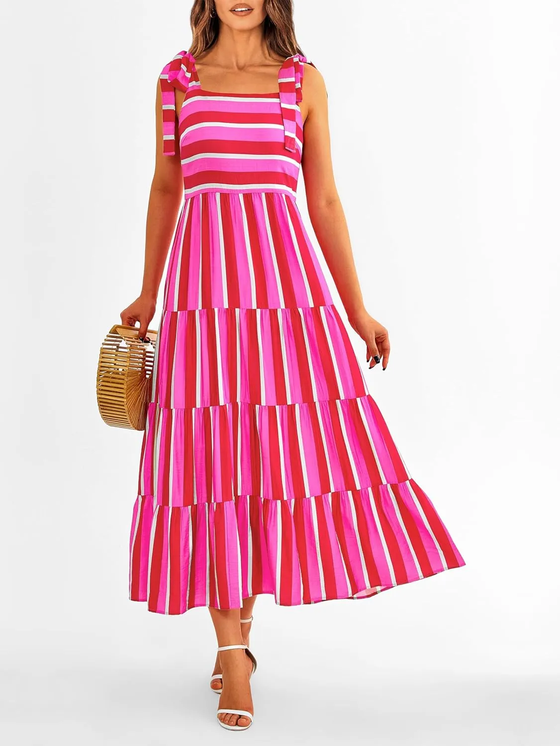 Striped Maxi Dress for Women Sexy Sleeveless Tie Shoulder Boho Flowy Smocked Dresses Empire Waist Tiered Long Dresses
