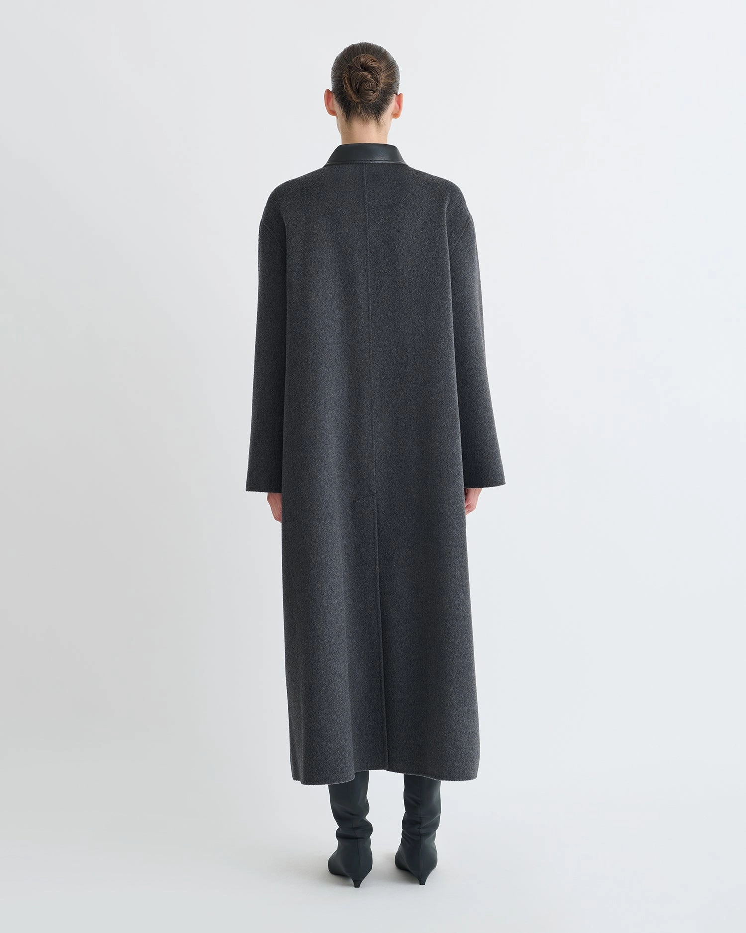 Smart-Casual Striped Rowina - Double Wool/Regen Leather Coat - Grey Melange/Black