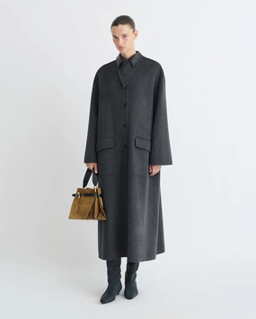 accessory Rowina - Double Wool/Regen Leather Coat - Grey Melange/Black