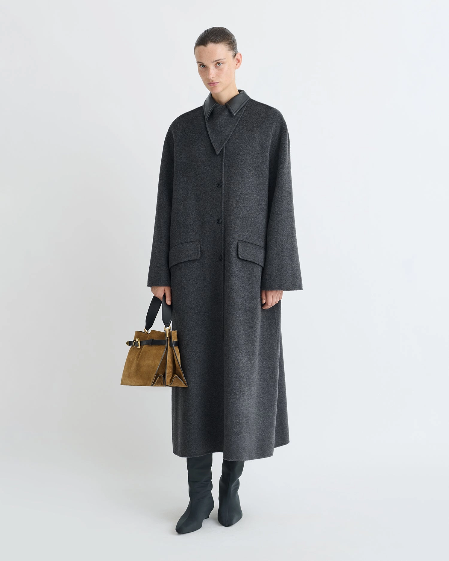 Petite-fits-quality Wide-leg-look-characteristic Rowina - Double Wool/Regen Leather Coat - Grey Melange/Black