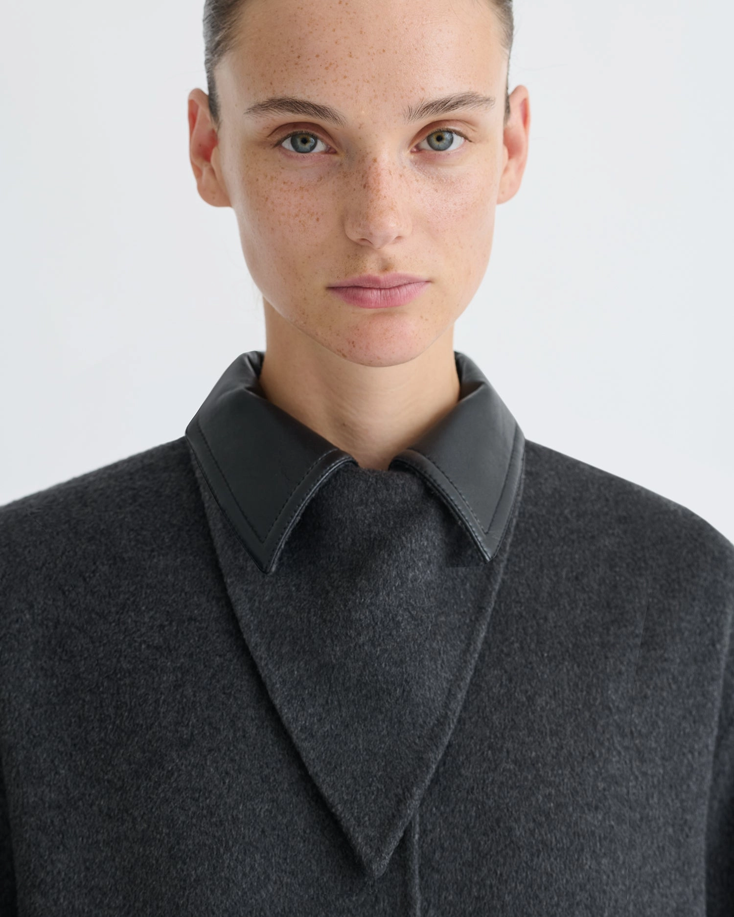 Rowina - Double Wool/Regen Leather Coat - Grey Melange/Black Cozy Wear