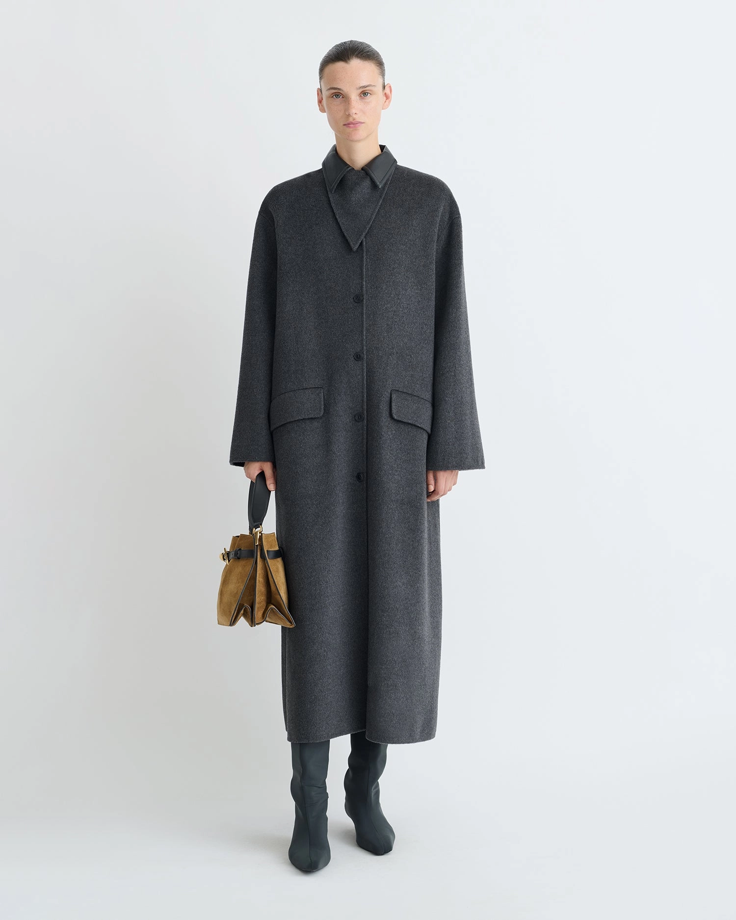 Affordable Rowina - Double Wool/Regen Leather Coat - Grey Melange/Black