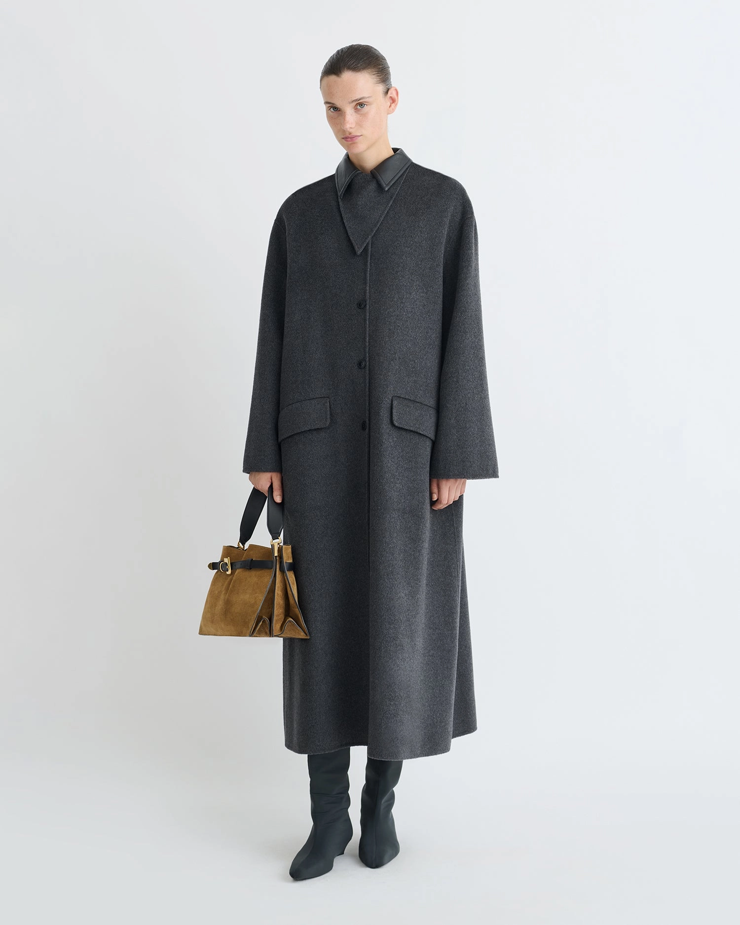 accessory Rowina - Double Wool/Regen Leather Coat - Grey Melange/Black
