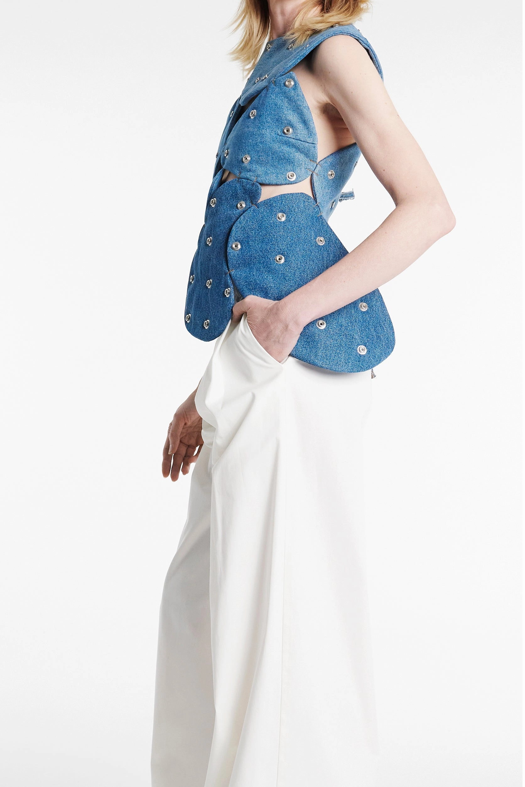 Asymmetrical hem Studded Upcycled Denim Island Top Blue Denim