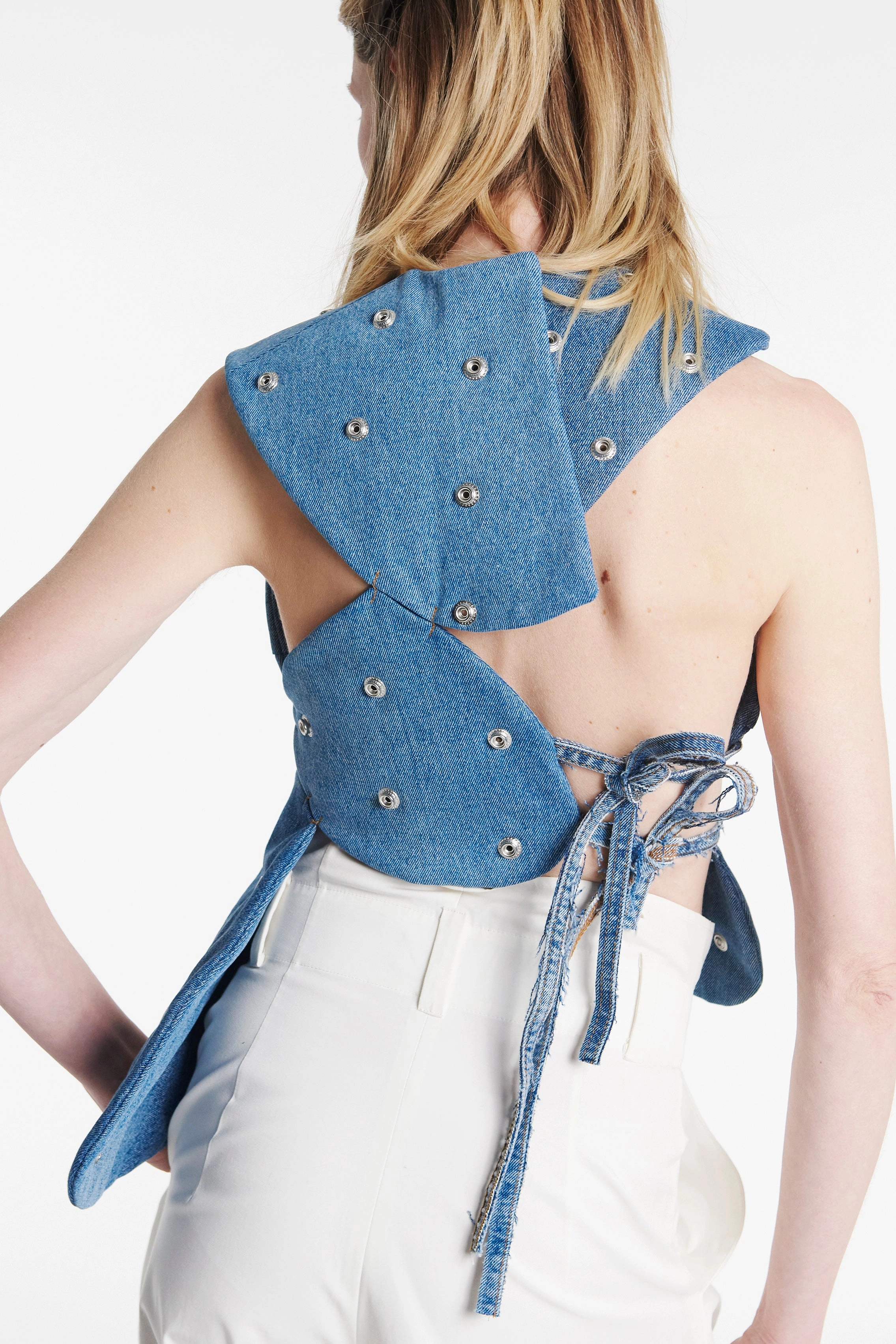 Studded Upcycled Denim Island Top Blue Denim Reinforced Hems Active Blouse