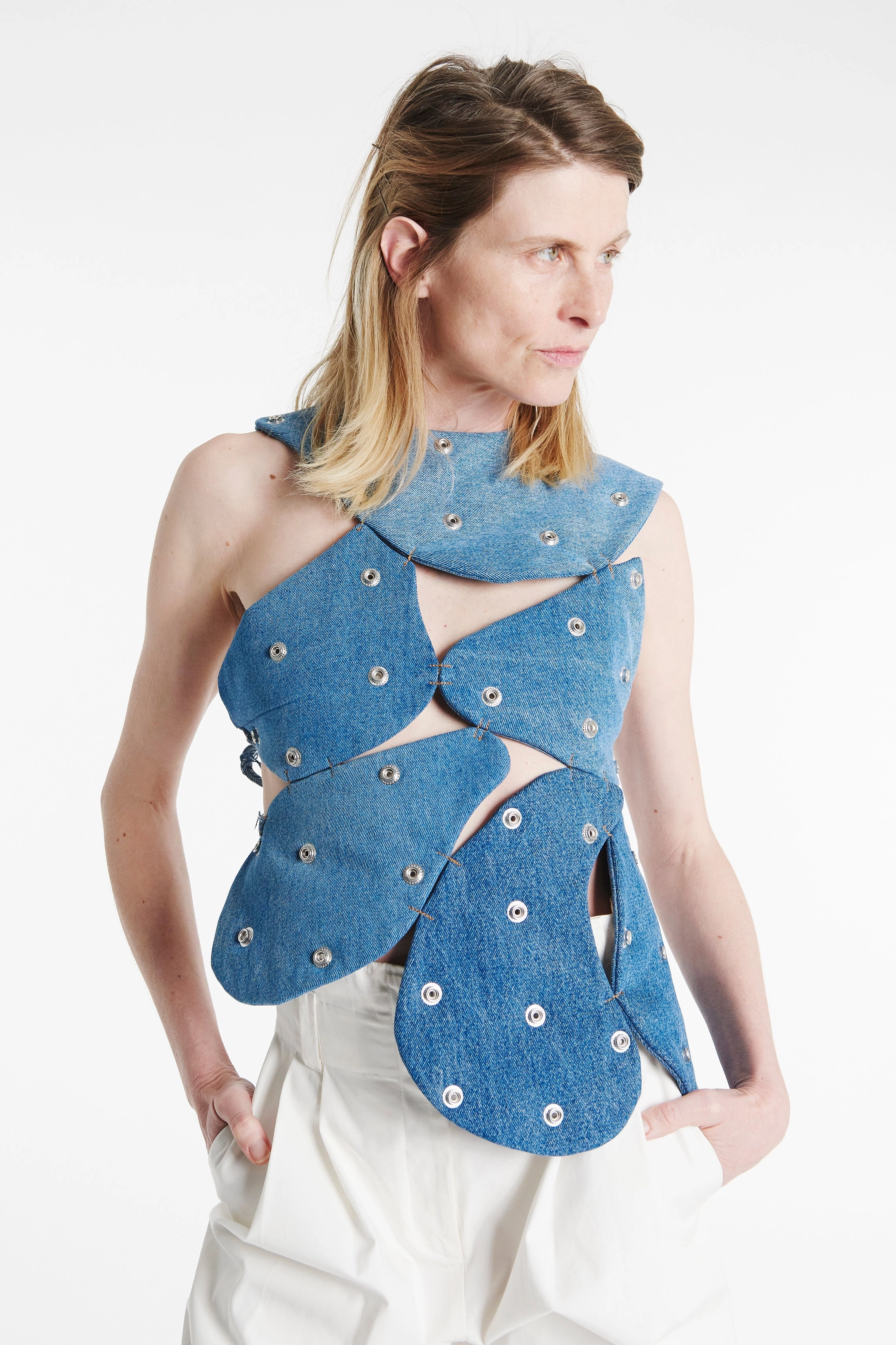 Durable Reinforced Hem Zero Waste Cut Pattern Studded Upcycled Denim Island Top Blue Denim
