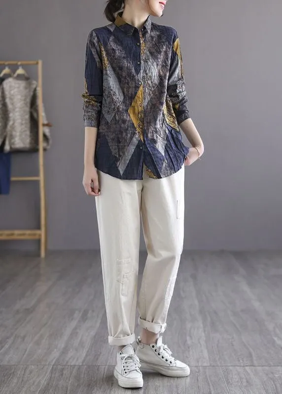 Style Blue Yellow Peter Pan Collar Print Linen Blouse Tops Spring