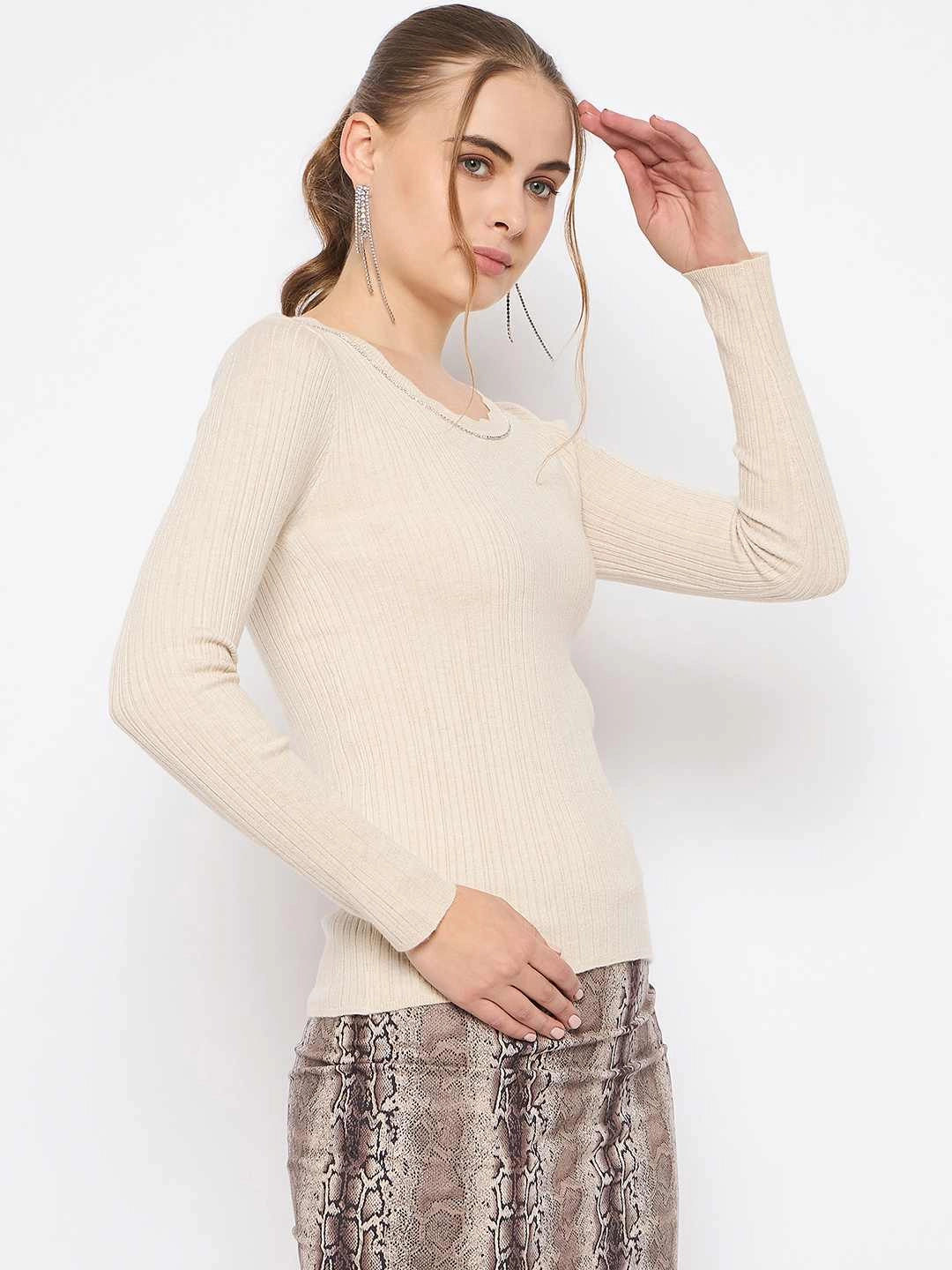 Winter-Ready Fashion Easy Fit Madame Scalloped Neck Solid Beige Sweater