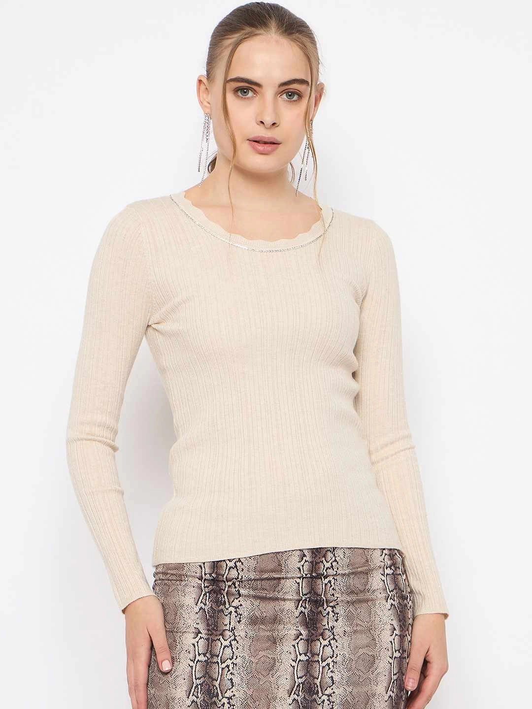 Cozy Essential Madame Scalloped Neck Solid Beige Sweater