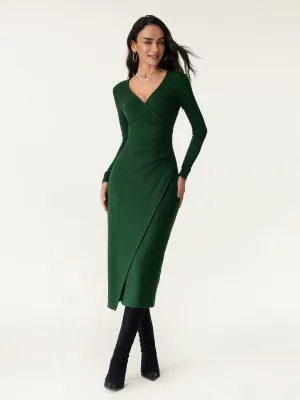 Surplice Wrap Long Sleeve Dress Hidden Zipper