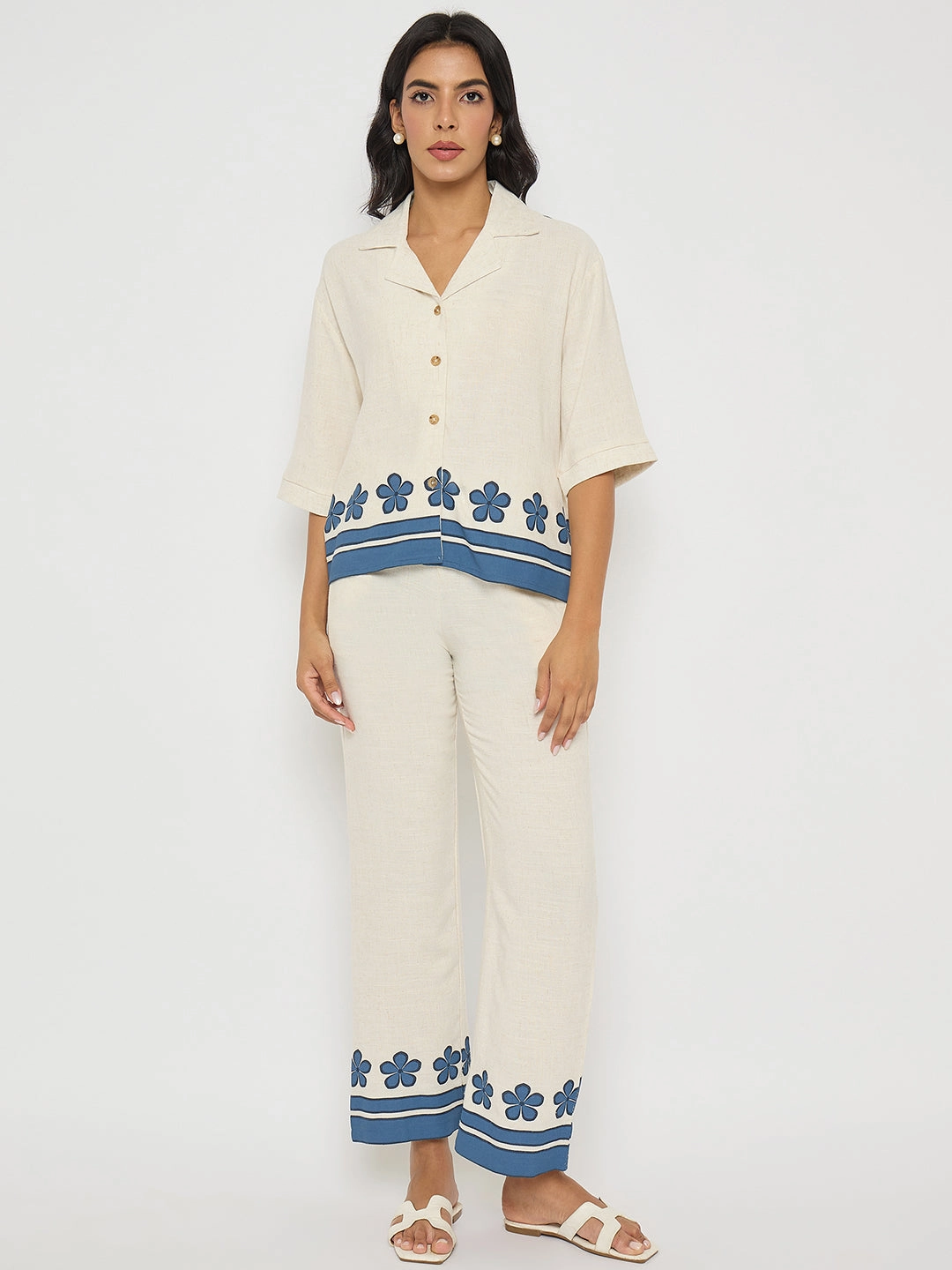 Chill Design Madame Contrast Detailing Rayon Blend Beige Co-ord Set