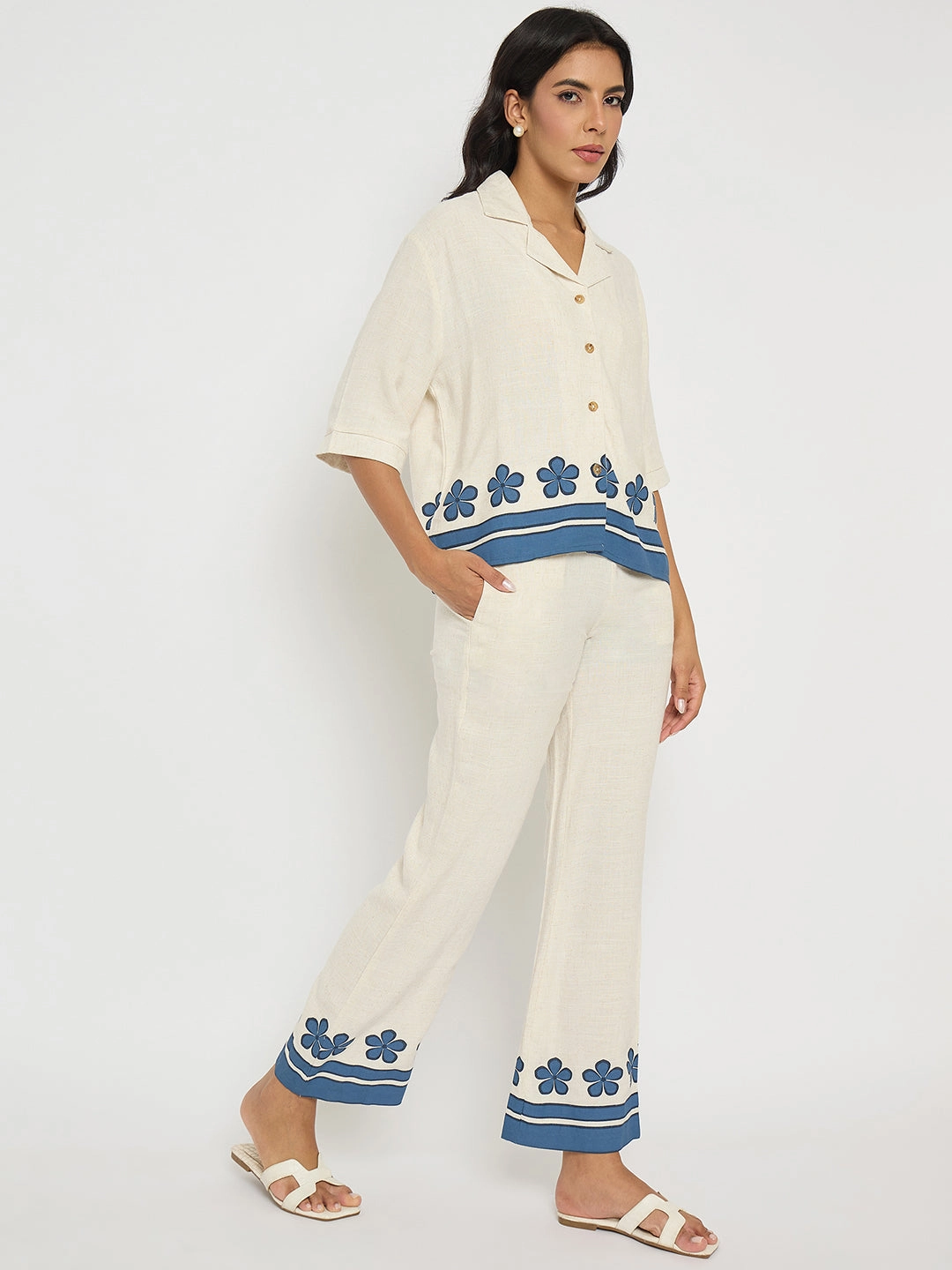 Madame Contrast Detailing Rayon Blend Beige Co-ord Set Soft Volume Celebrity-Inspired