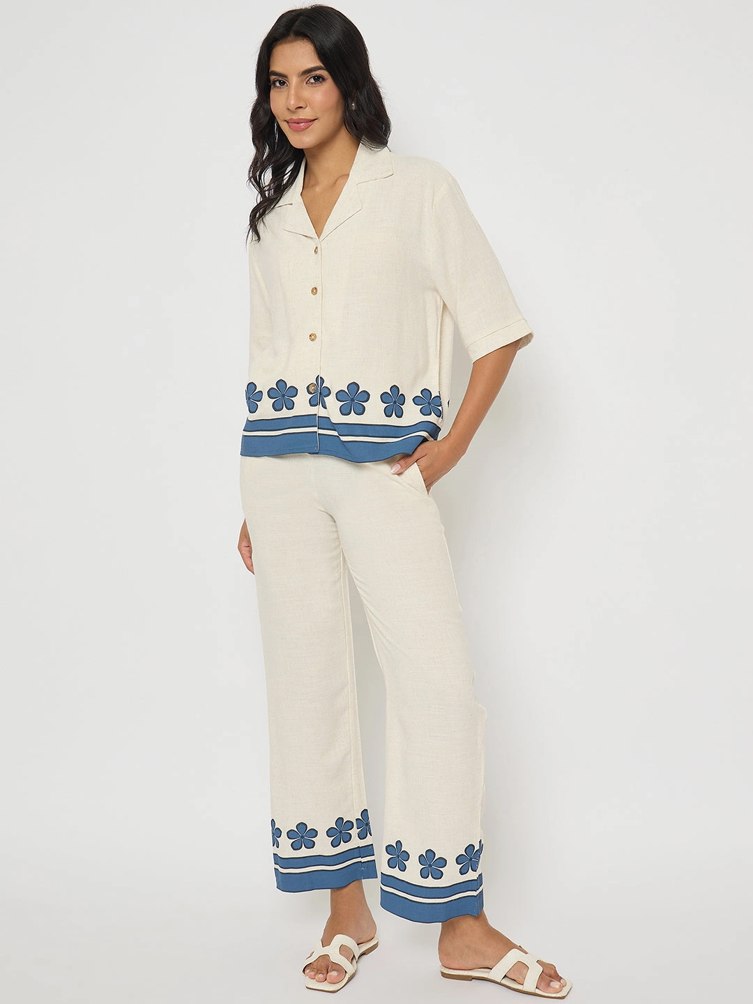 Relaxed Line Romantic Vibes Madame Contrast Detailing Rayon Blend Beige Co-ord Set