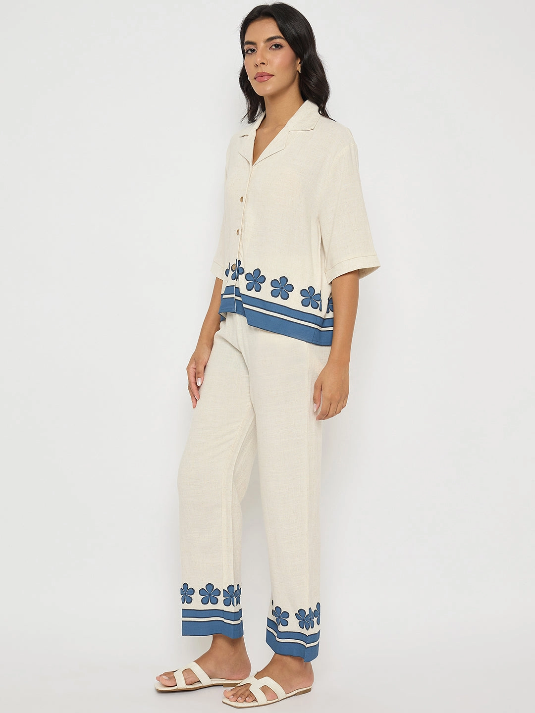 Madame Contrast Detailing Rayon Blend Beige Co-ord Set Nordic Plain FadeResistantColor